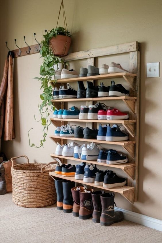 Wooden Pallet Shoe Shelf with Hooks