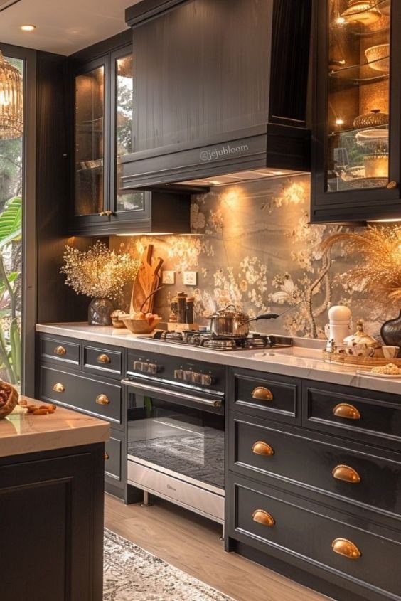 Black Cabinets with Bold Wall Art or Wallpaper