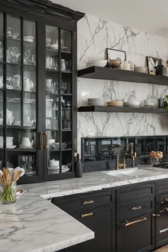 Black Cabinets with Glass Doors for an Elegant Touch