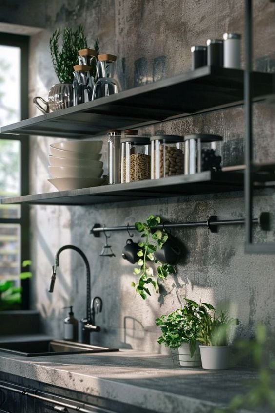 Black Cabinets with Open Shelving for Airiness