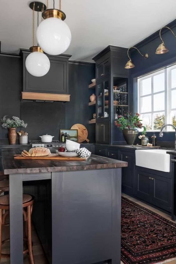 Black Cabinets with a Butcher Block Island