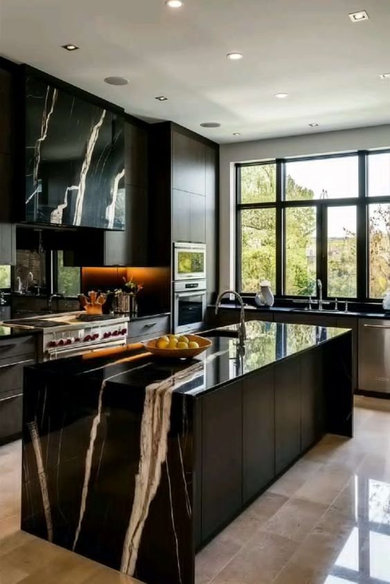 Black Cabinets with a Waterfall Island