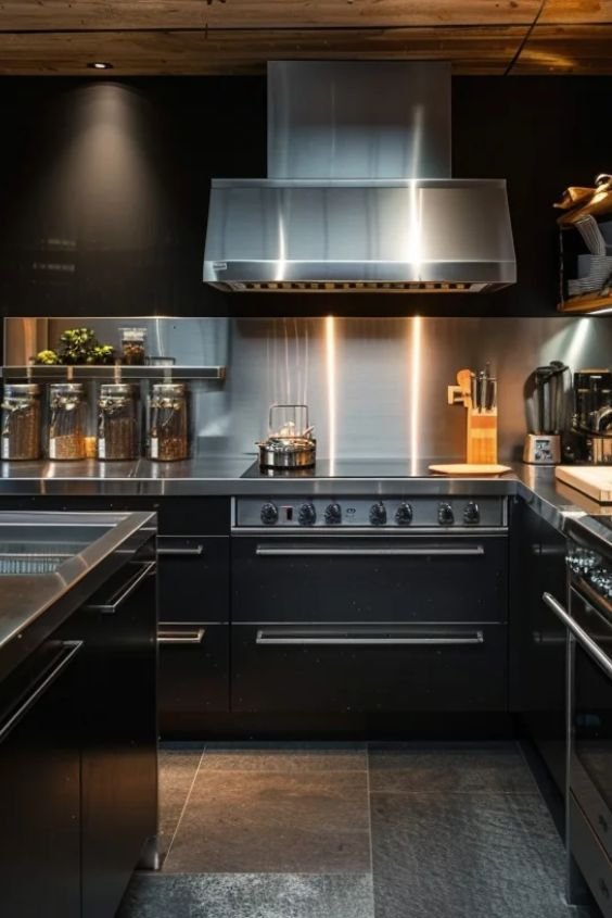 Industrial-Style Black Cabinets with Metal Accents