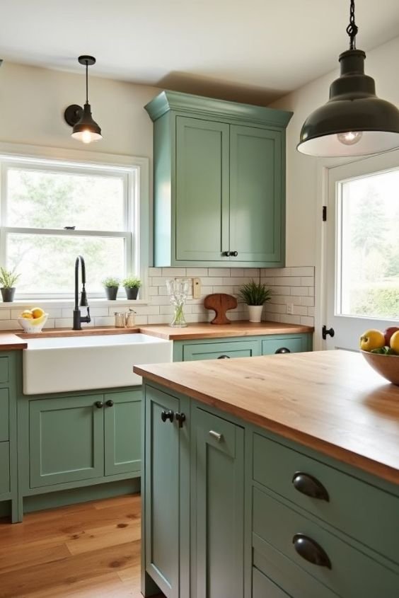 Sage Green and Butcher Block Countertops