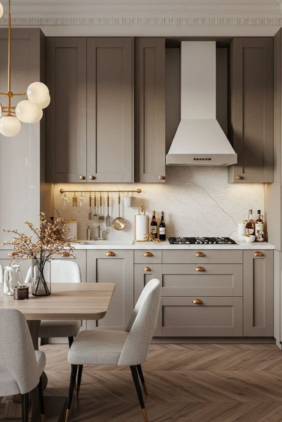 Taupe Cabinets with Dark Hardware
