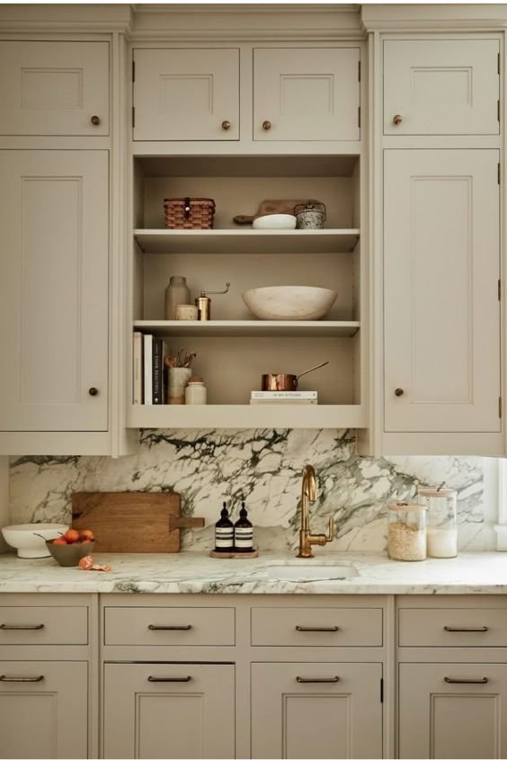 Taupe Cabinets with Open Shelving