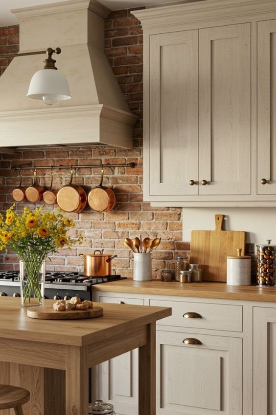Taupe Cabinets with a Butcher Block Countertop