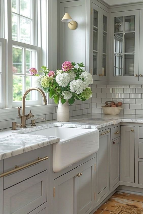 Taupe Cabinets with a Farmhouse Sink