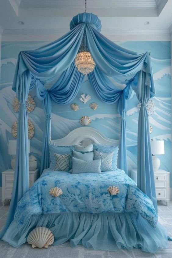 Canopy Bed with Sheer Aqua Curtains